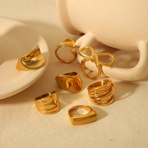 Irregular Stainless Steel Ring For Women With Bow And Wave Design Minimalist Gold Plated Versatile Jewelry Accessory