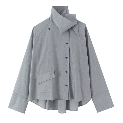 Dames Blouse Met Houndstooth Patroon Lange Mouwen Asymmetrische Sluiting Zak Onregelmatige Zoom Grijs Mode Polyester