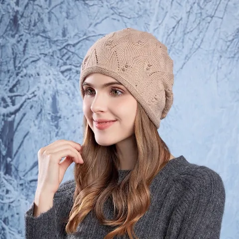Women Knit Beanie Hat Slouchy Winter Warm Wave Pattern Acrylic With Faux Artificial Pearls Elegant Pullover