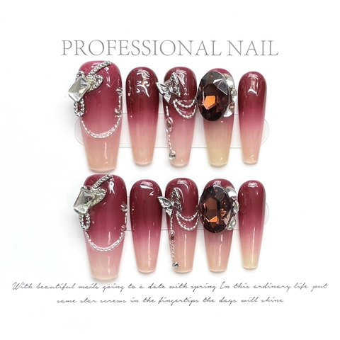 Handcrafted Wine Red Gradient Press On Nails With Rhinestone Butterfly Metal Chain Luxury Long Coffin Artificial Nails
