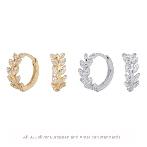 925 Sterling Silver Leaf Stud Earrings For Women Tiny Hoop Ear Buckle Pave Zirconia Gold Silver Plated Minimalist Fashion Jewelry Gift