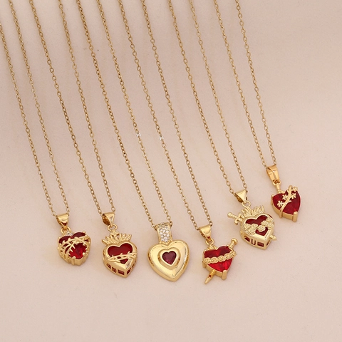 Collar Con Colgante De Sagrado Corazón Acero Inoxidable Cobre Cristal Rojo Joyería Gótica Vintage Para Mujer