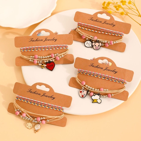 Bohemian Handmade Woven Friendship Bracelet Set For Women Multi Color Fabric String Braided Heart Bee Charm Bracelet Jewelry