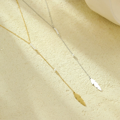 Collana Lunga Con Ciondolo In Acciaio Inossidabile Perla Artificial Bianca Elegante Foglia Piuma Gioielli A Forma Di Y Per Donna