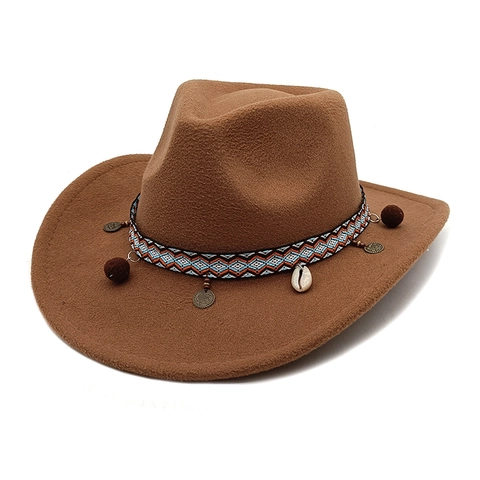 Sombrero De Vaquero Occidental Fedora Algodón Poliéster Fieltro Banda Tejida Étnica Concha Monedas Pompones Estilo Retro