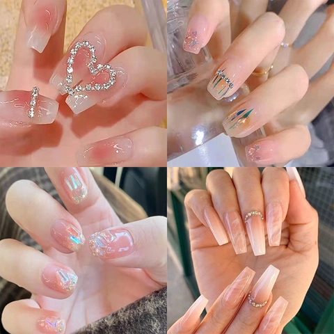 Press On Nails Long Coffin Almond French Tip Gradient With 3D Bow Rhinestone Heart Glitter Decorative Manicure