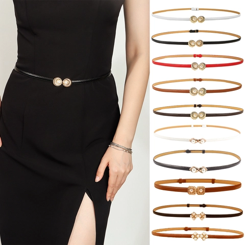 Cintura Sottile Donna In Pelle PU Fibbia Perla Artificial Lega Regolabile Senza Fori Cinturino Vita Sottile Per Abiti Elegante Versatile