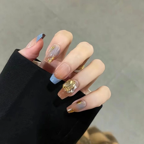 Handmade Press On Nails Long Ballet Gradient Blush French Style Elegant False Nails With Rhinestone And Gold Foil