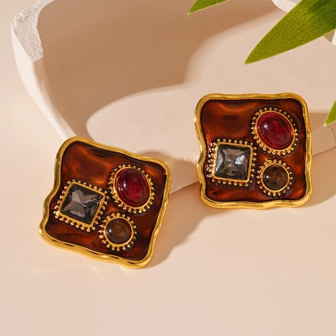 Vintage Geometrische Quadratische Ohrringe Mit Harz Strass Und Silver Earring Post Französischer Retro Stil Für Damen