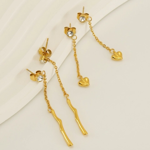 Tassel Ohrringe Lange Kette Edelstahl 18K Vergoldet Herz Welle Stab Anhänger Strass Tropfen Baumeln Für Frauen