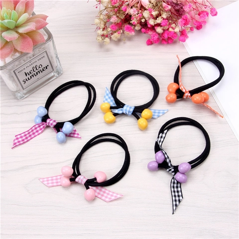 Élastiques À Cheveux Cerise Perles En Résine Nœud En Tissu À Pois Gingham Style Coréen Doux Porte-Queue De Cheval Femmes Filles