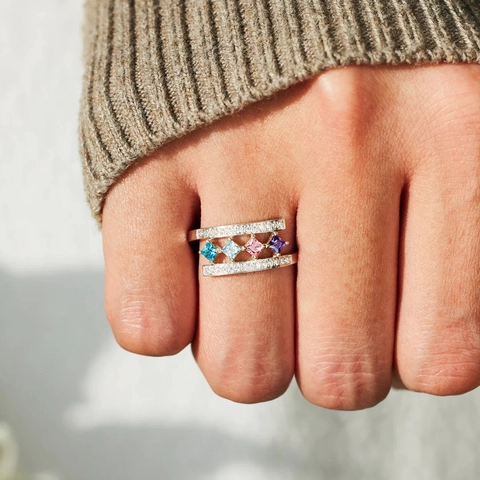 Anillo De Plata De Ley 925 Circonita Colorida Cuadrada Micro Pavé Circonita Blanca Joyería Geométrica Simple