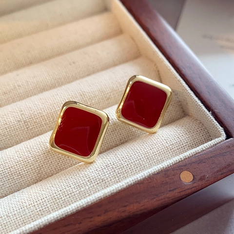 Square Stud Earrings Red Enamel Alloy Gold Plated With Silver Earring Post Retro Minimalist Daily Jewelry For Women