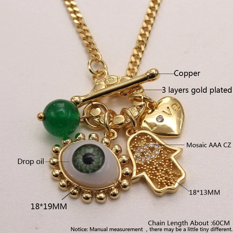 Collier Bohémien en Cuivre Plaqué Or Pendentif Mauvais Œil Main de Hamsa Cœur AAA Zircon Perle Verte Bijoux pour Femme