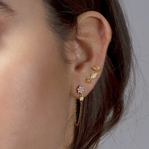 Personalized Flower Inlaid Zirconia Stud Earrings With Long Chain Tassel Copper Gold Silver Plated Fashion Jewelry For Women