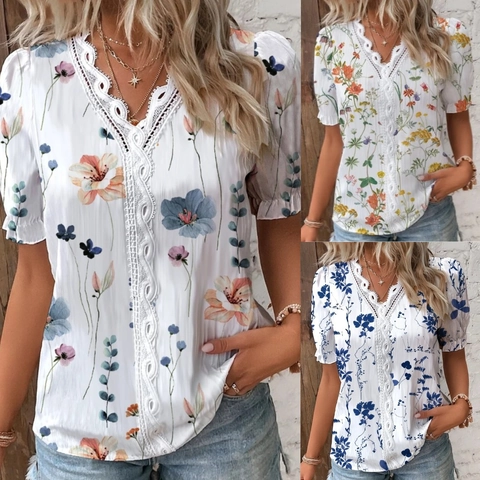 Women Floral Print Blouse Lace Patchwork V Neck Short Sleeve Summer Casual Chic Commuter Shirt Top Lightweight