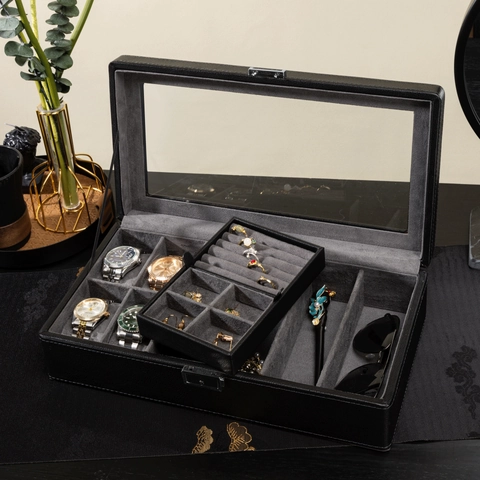 Horlogedoos Sieraden Organizer PU Leer Litchi Patroon Glasvenster Multi Grid Display Case Opslag Accessoires