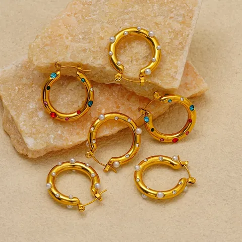 Pendientes De Aro De Acero Inoxidable Bañados En Oro De 18k Con Perlas Artificiales Y Circonitas De Colores Estilo Vintage Para Mujer