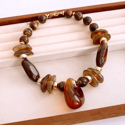 Collana Di Perle Vintage Con Perline In Resina Stile Ambra Forme Geometriche Irregolari E Ciondolo A Goccia Gioielli Bohémien Per Donne
