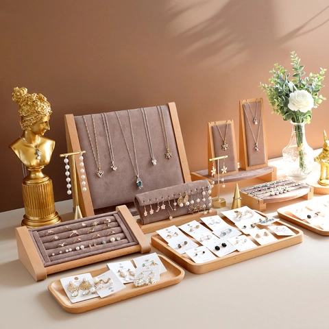 Jewelry Display Stand Solid Wood Coffee Velvet Necklace Ring Earring Organizer Tray Nordic Style Retail Props
