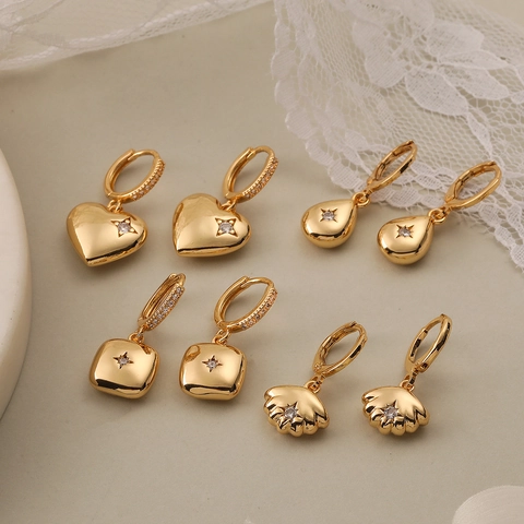 Copper Gold Plated Drop Earrings For Women Geometric Heart Square Shell Cubic Zirconia Starburst Vintage Jewelry