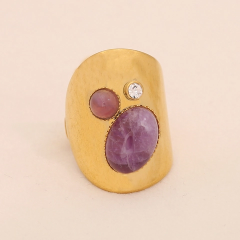 Vintage Purple Stone Adjustable Open Ring Stainless Steel Geometric Bohemian Style Jewelry For Women