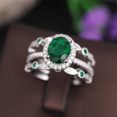 Luxury Emerald Green Stone Rings Copper Cubic Zirconia Oval Geometric Vintage Style For Women