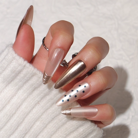 Stiletto Press On Nails Champagne Gold Mirror Finish Polka Dot French Tip Glossy ABS False Nails Reusable Manicure For Women