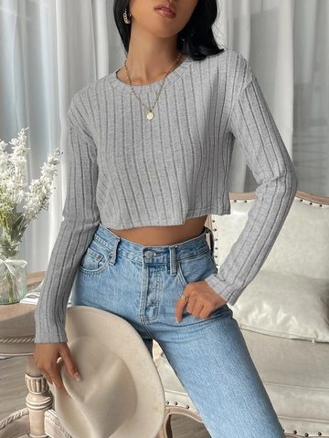 Women Rib Knit Cropped Top Long Sleeve Round Neck Solid Color Slim Fit Casual Pullover Navel Exposed Basic Tee Grey