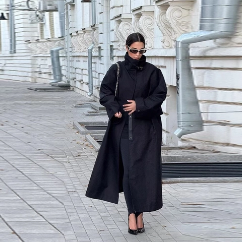 Gabardina Mujer Negra Oversized Extralarga Cuello Alto Hebilla Metal Adorno Cuero PU Street Dark Style Otoño Invierno