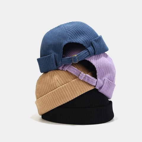 Corduroy Docker Hat Brimless Cap For Men Women Adjustable Metal Buckle Retro Solid Color Streetwear Skullcap