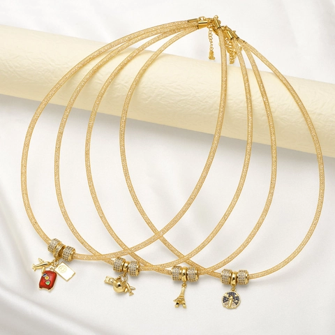 Travel Theme Pendant Necklace Gold Plated Copper Mesh Chain With Zircon Enamel Plane Suitcase For Women Fashion Jewelry