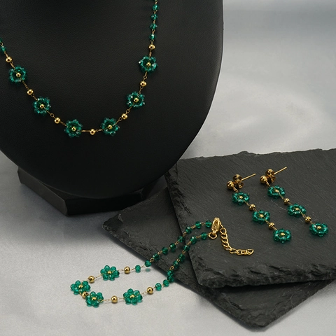 Stainless Steel Flower Jewelry Necklace Bracelet And Earrings Bohemian Crystal Beads Plated 18K Gold Fashion Women