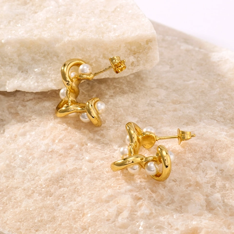 Roestvrijstalen Kunstparel Hoop Oorbellen 18K Verguld Gedraaid Geometrisch C-Vormig Franse Elegante Sieraden Dames