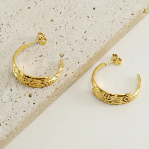 Irregular C Shape Hoop Earrings Stainless Steel 18K Gold Plated Organic Texture Vintage Geometric Studs For Women