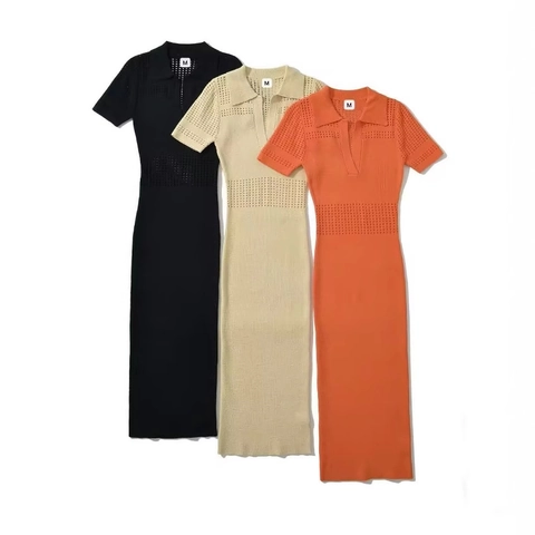 Women Knit Midi Dress Polo Collar Short Sleeve Hollow Out Crochet Bodycon V Neck Solid Color Elegant