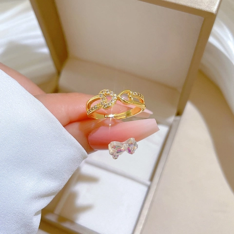 Anello Regolabile Oro Doppio Cuore Infinito Ottone Zirconia Cubica Gioielli Moda Regalo Donna