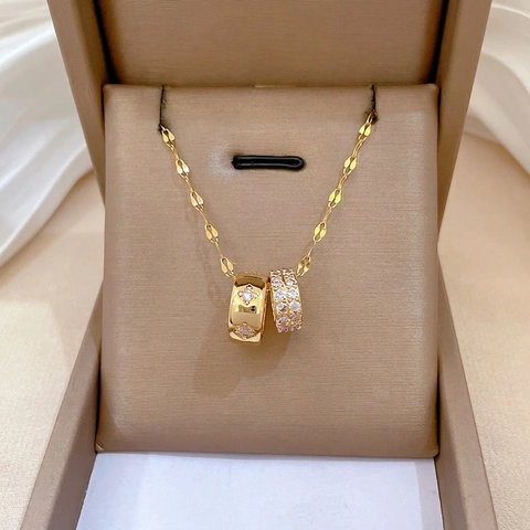 Double Interlocking Ring Necklace Titanium Steel Copper Micro Pave Zircon Pendant Fashion Luxury Jewelry For Women