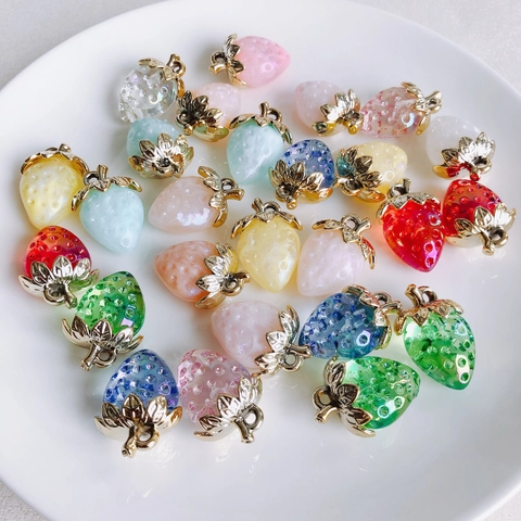 Dijes De Fresa Colgantes De Resina Con Hoja De Metal Dorado Para Hacer Joyas Pendientes Collar Accesorios Estilo Dulce