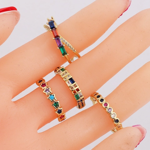 Anillo De Cobre Con Circonita Arcoíris Chapado En Oro Anillos Abiertos Ajustables Estrella Cruz Joyería Geométrica Para Mujeres Simple Elegante