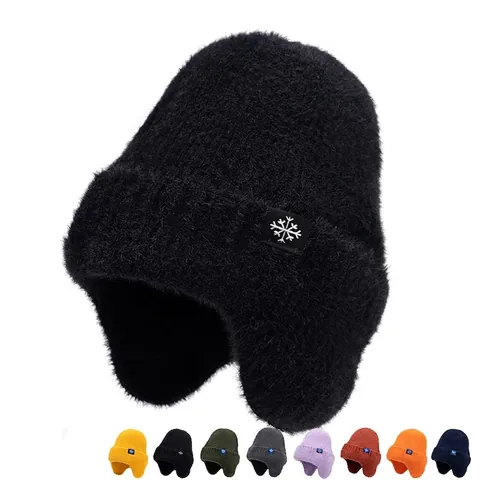 Bonnet Trappeur Tricoté D'hiver Avec Cache-oreilles Chaud Coupe-vent Doublé Polaire Peluche Flocon De Neige Unisexe