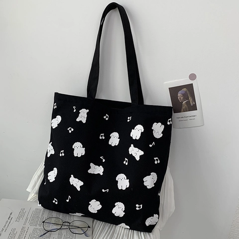 Cute Cartoon Dog Music Print Canvas Tote Bag For Women Large Capacity Shoulder Handbag With Zipper Korean Ins Aesthetic