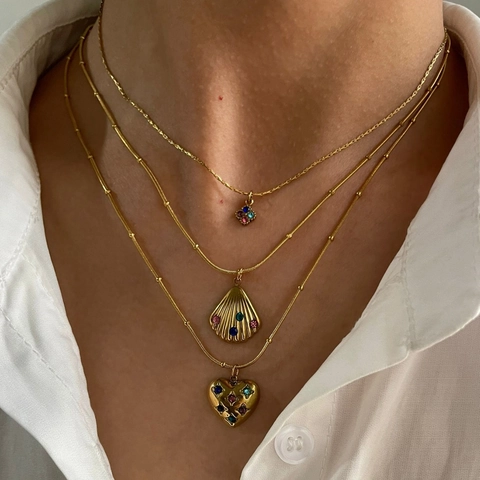 Edelstahl Anhänger Halskette Mehrfarbig Rhinestone Muschel Herz Blume Schmuck Für Frauen 18K Gold Plattiert