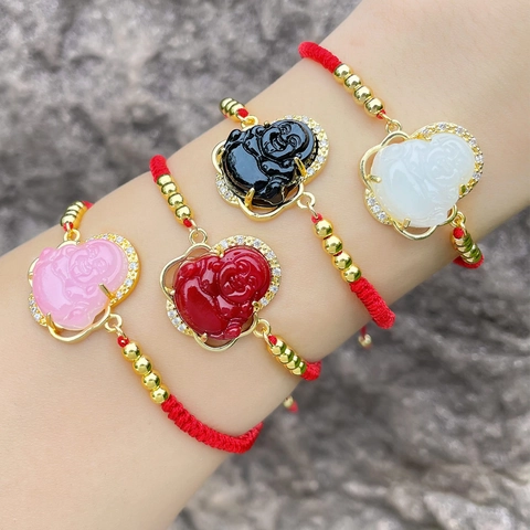 Bracciale Pendente Buddha Ridente Rame Micro Pave Zirconia Corda Intrecciata Rossa Stile Etnico Cinese Regolabile Donne