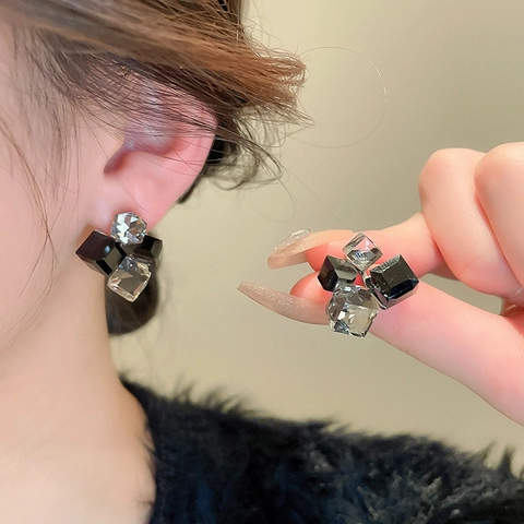 Boucles D'oreilles Puces Cube Carré Géométrique En Cristal Artificiel Avec Tige En Argent Sterling 925 Rétro