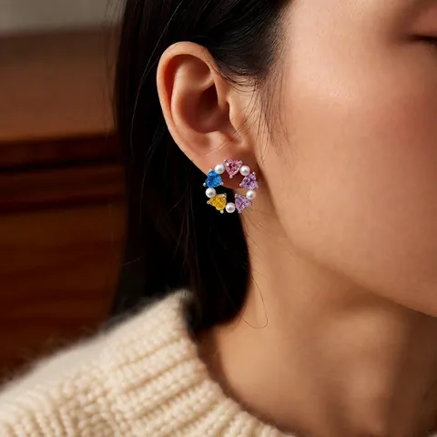 Pendientes De Botón Con Corona De Circonita De Corazón Colorido Con Poste De Plata Y Perla Artificial De Imitación Joyas Para Mujeres