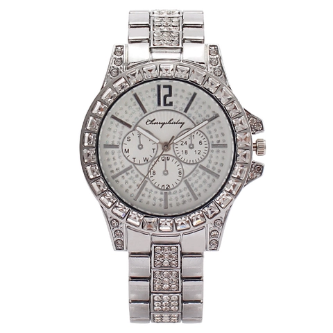Men Fashion Luxury Iced Out Rhinestone Quartz Watch Metal Strap Sub Dials Elegant Wristwatch