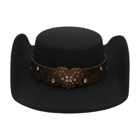 Western Cowboy Hat Vintage Felt Wide Brim Large Rhinestone Heart Buckle Embossed Leather Belt Bohemian Jazz Style
