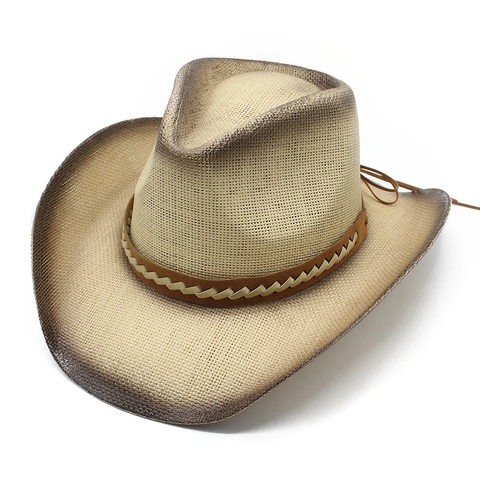 Western Cowboy Hat Paper Straw Wide Brim Sun Protection Beach Hand Painted Gradient Vintage Style For Women