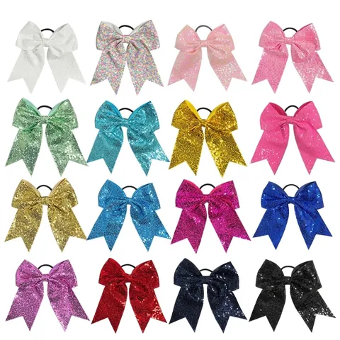 Large Sequin Bow Hair Tie With Tail Glitter Sparkling Elastic Hair Band For Girls Cheerleading Party Dance Headwear